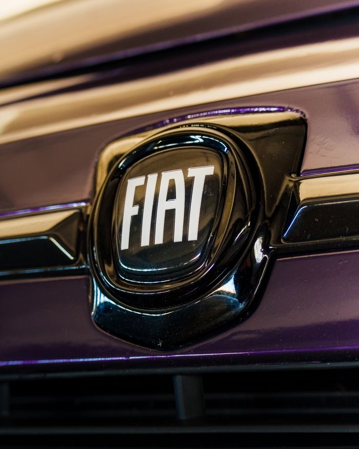 Detailed close-up of a glossy Fiat car emblem on a purple surface.